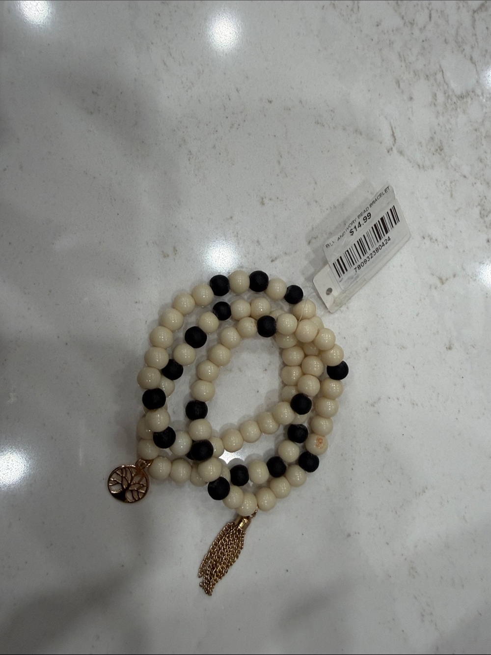 Gold Charm Black and Cream Beaded Stretch Bracelet Set